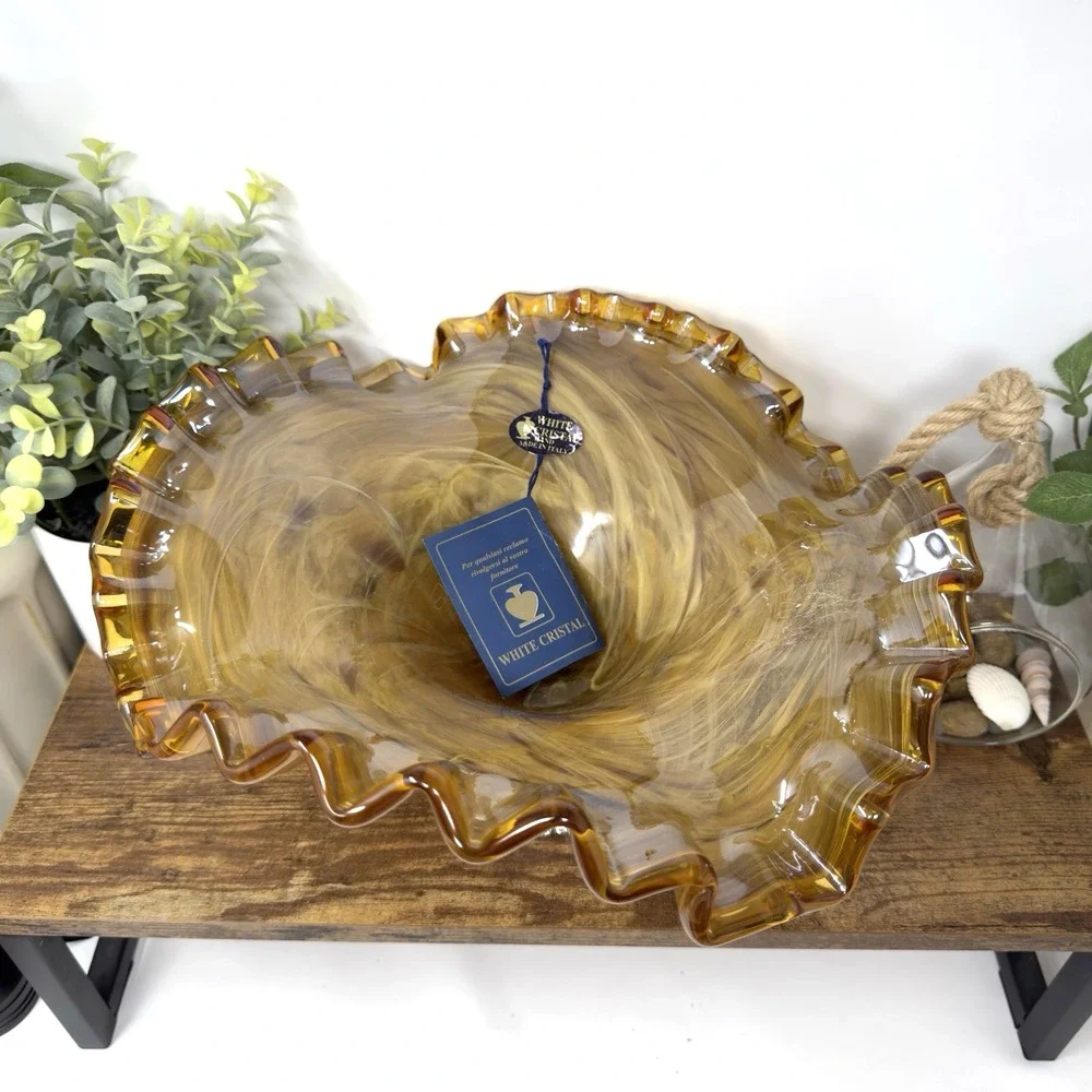 Murano Italy White Cristal Glass Bowl Tortoise Shell Table Centerpiece